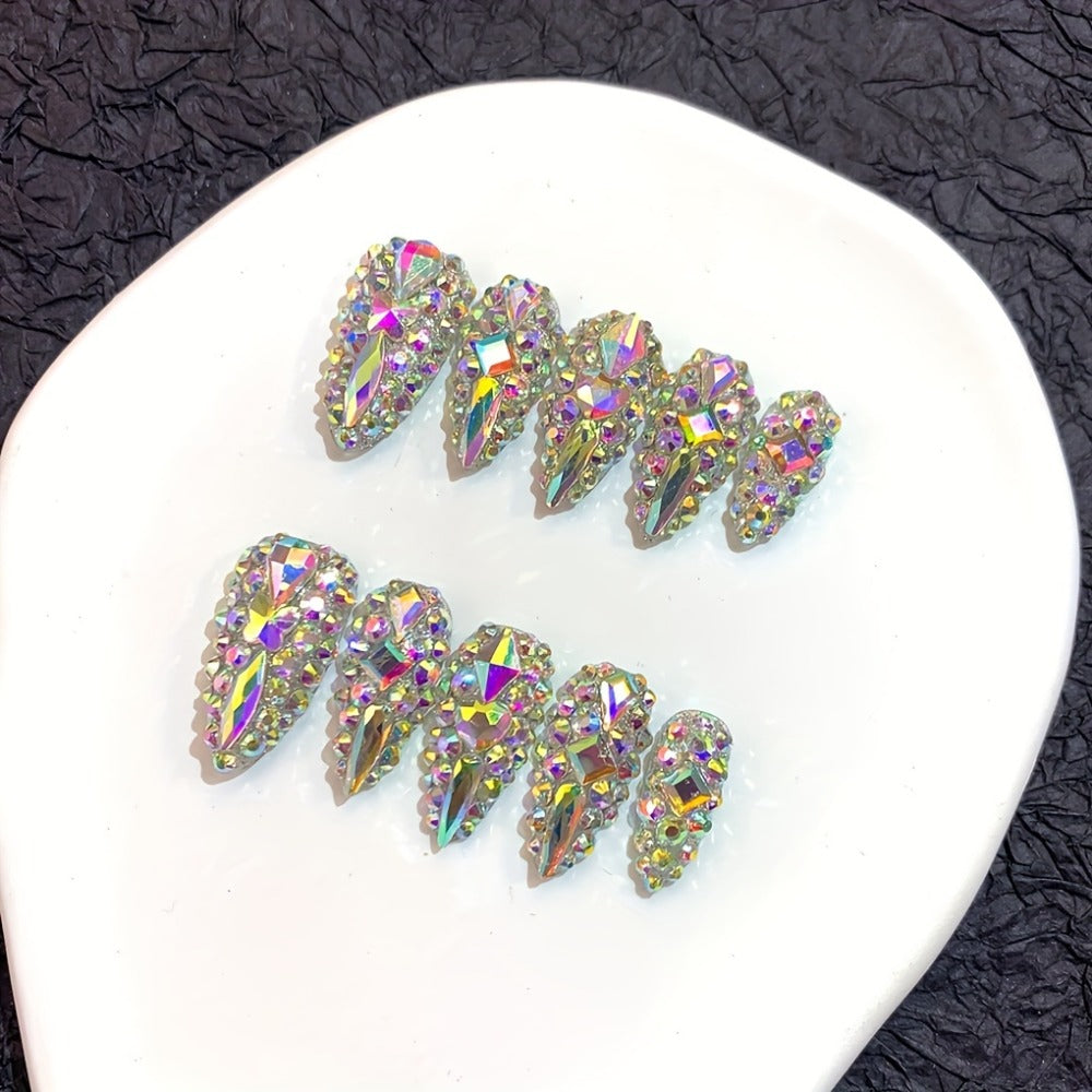 Press On Nails 10-Piece Medium Almond Glitter Color-Block Set with AB Crystal Rhinestones and Tool Kit — image 1