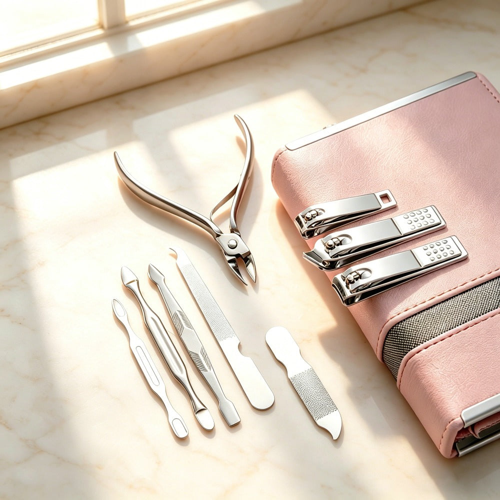 Manicure Pedicure Set 26pcs Pink Stainless Steel – Precision Nail Clippers Cuticle Nipper & Dead Skin Scissors 45° Blade Prof