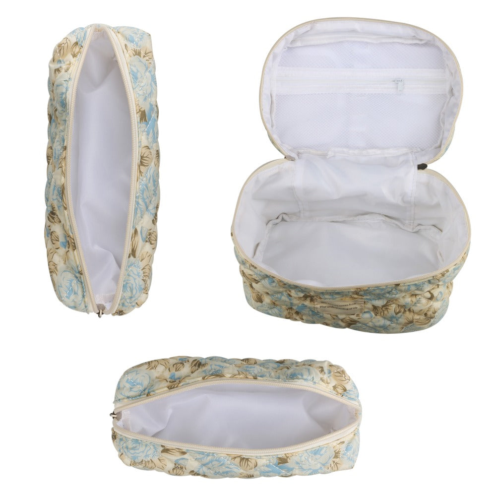 Quilted Floral Makeup Bag Set 3PCS Large Capacity Dual Layer Cotton Cosmetic Bags Coquette Aesthetic Travel Toiletry Organize