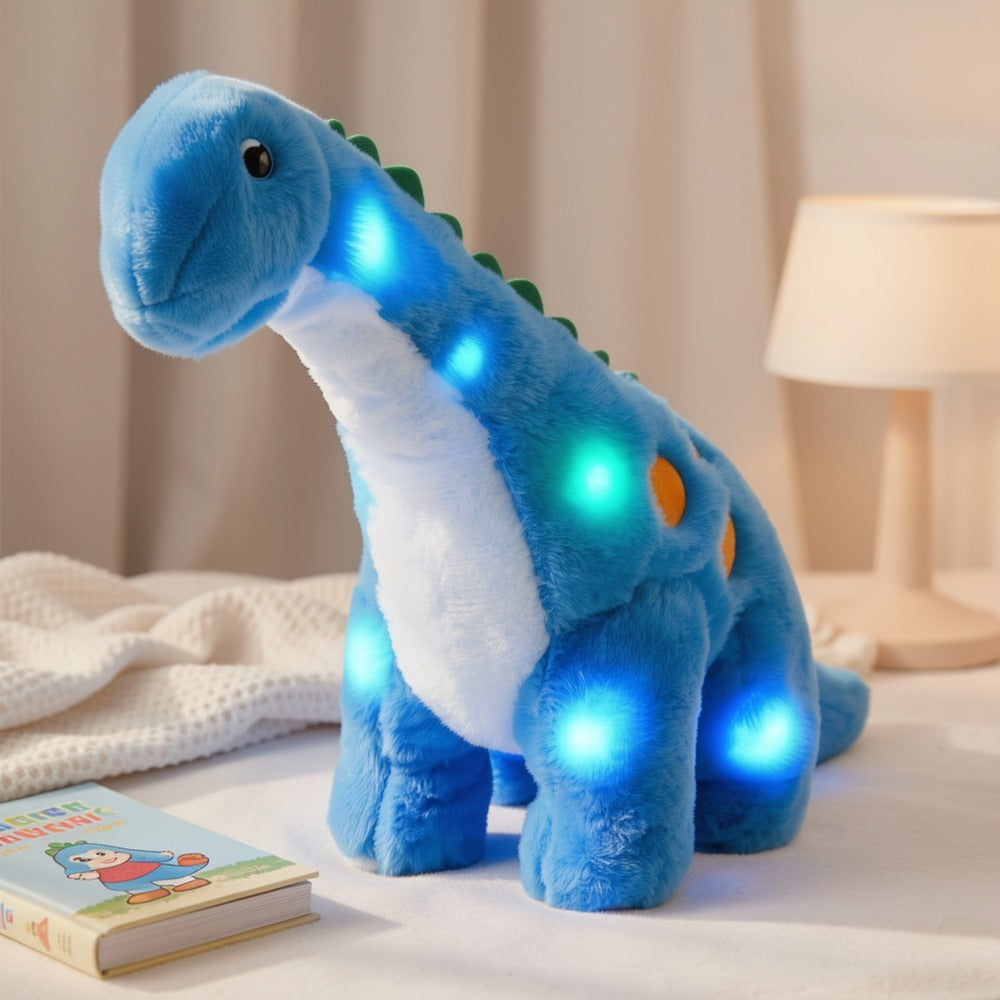 Plush Toy Blue Dinosaur with LED Glow and Optional Music for Colorful Interactive Display for Character Display, Room Decor a