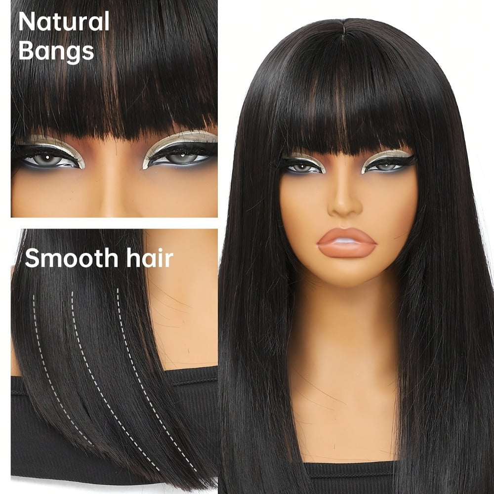 Synthetic Wig 16-Inch Black Straight Blunt Bob with Bangs, 180% Density and Rose Net Cap for Office Wear — image 3