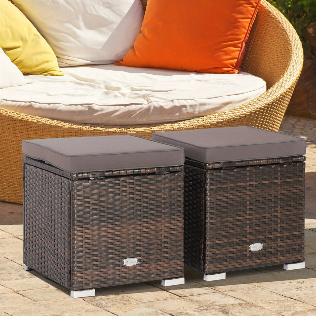 Outdoor Wicker Ottoman Set of 2 with Hidden Storage – PE Wicker Footstools with Detachable Cushions, Side Table & Extra Seati