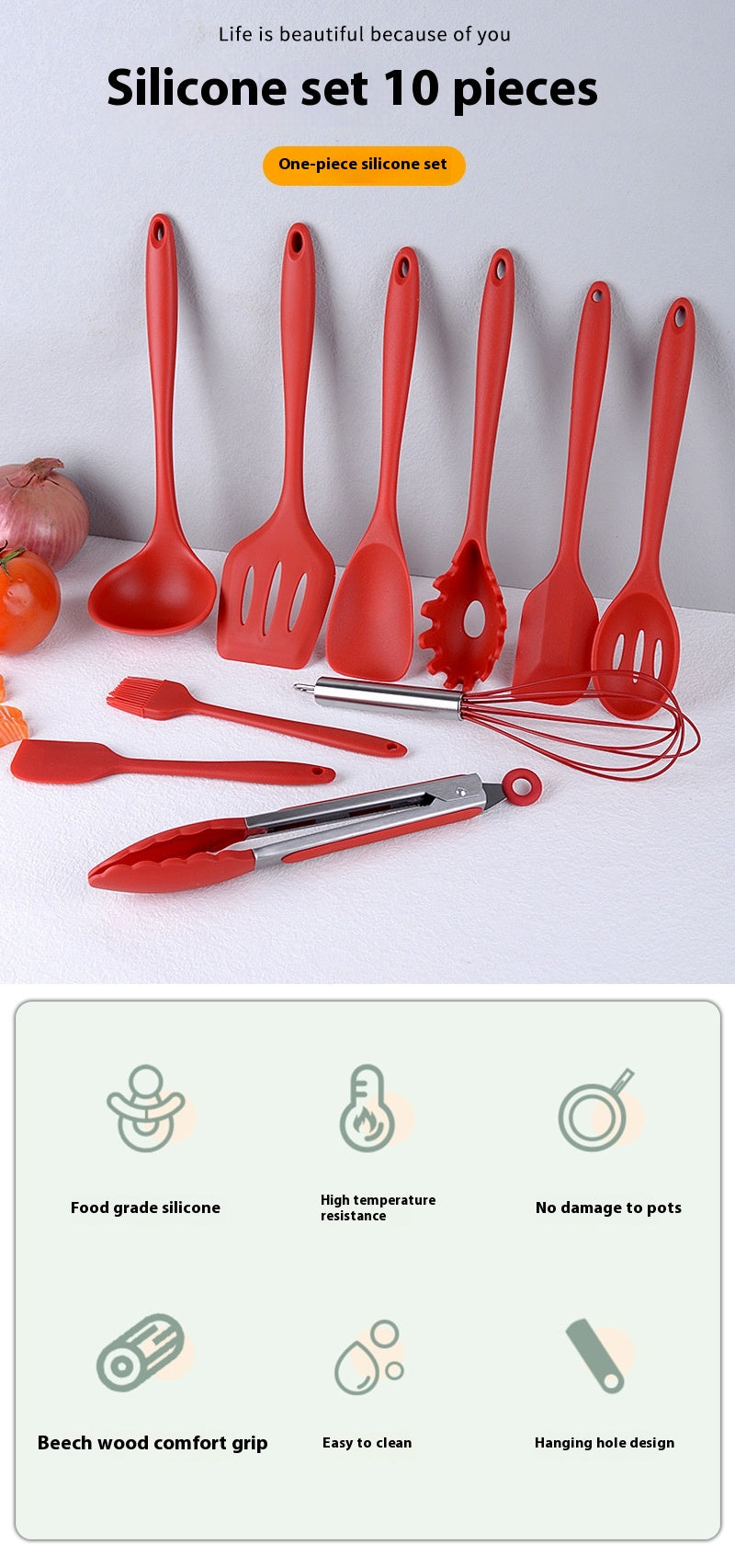 10-piece Silicone Kitchenware Non-stick Cooking Spatula Set