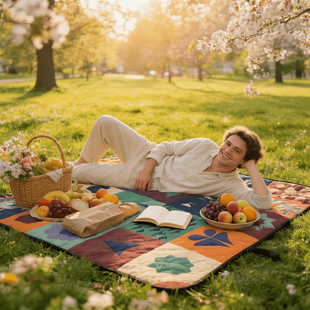 Large Padded Picnic Blanket with Carry Straps in Geometric, Palm-Village or Tropical Leaf Prints — image 12