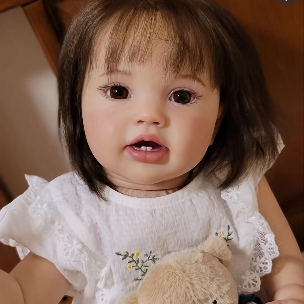 Reborn Baby Doll 24-Inch Cloth Body with Vinyl Limbs, Rooted Brown Hair, Open Eyes, Outfit and Feeding Accessories — image 4