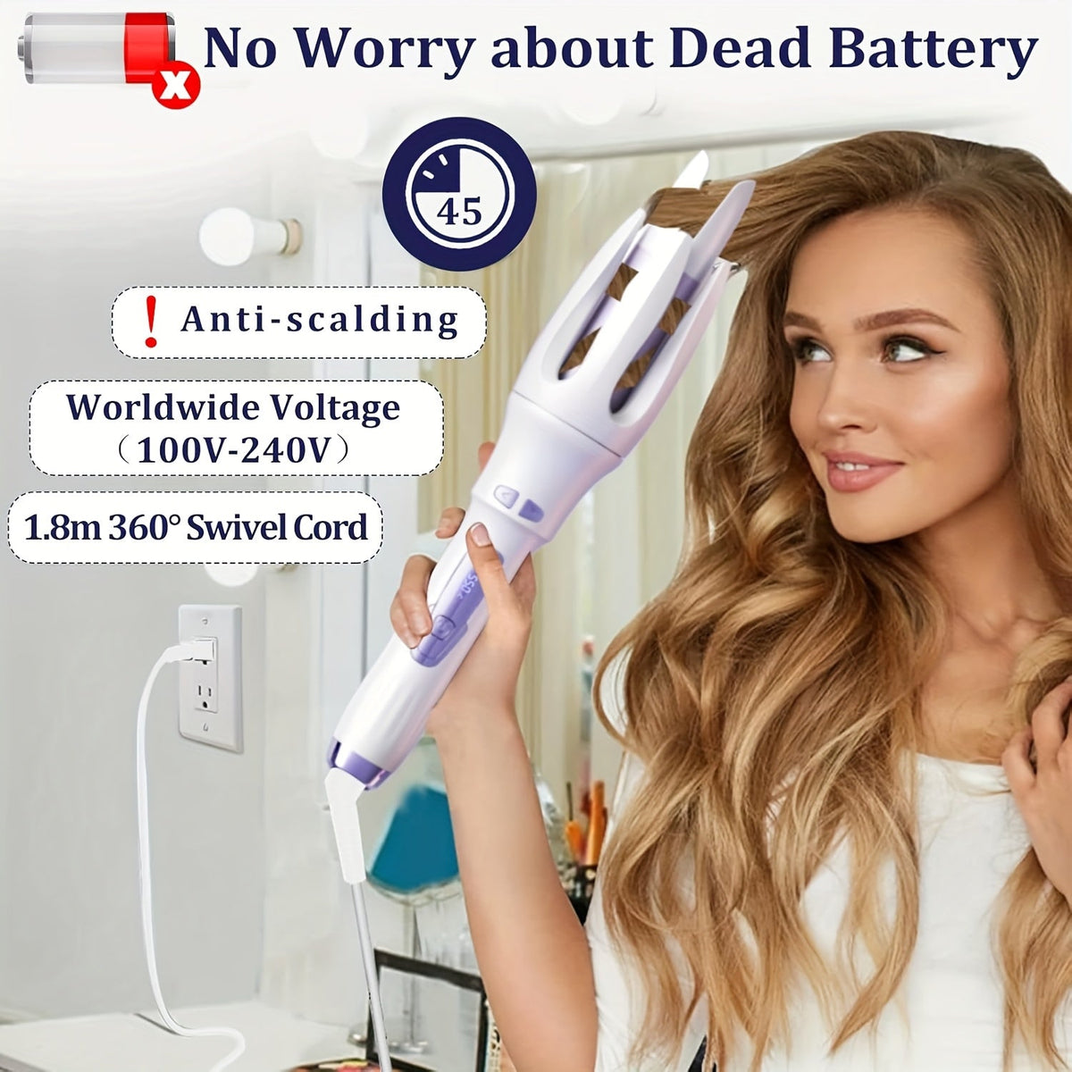 Automatic Hair Curler Rotating Barrel Electric Ceramic Tourmaline Curling Iron One-Button, for Home, Travel and Salon Hair St