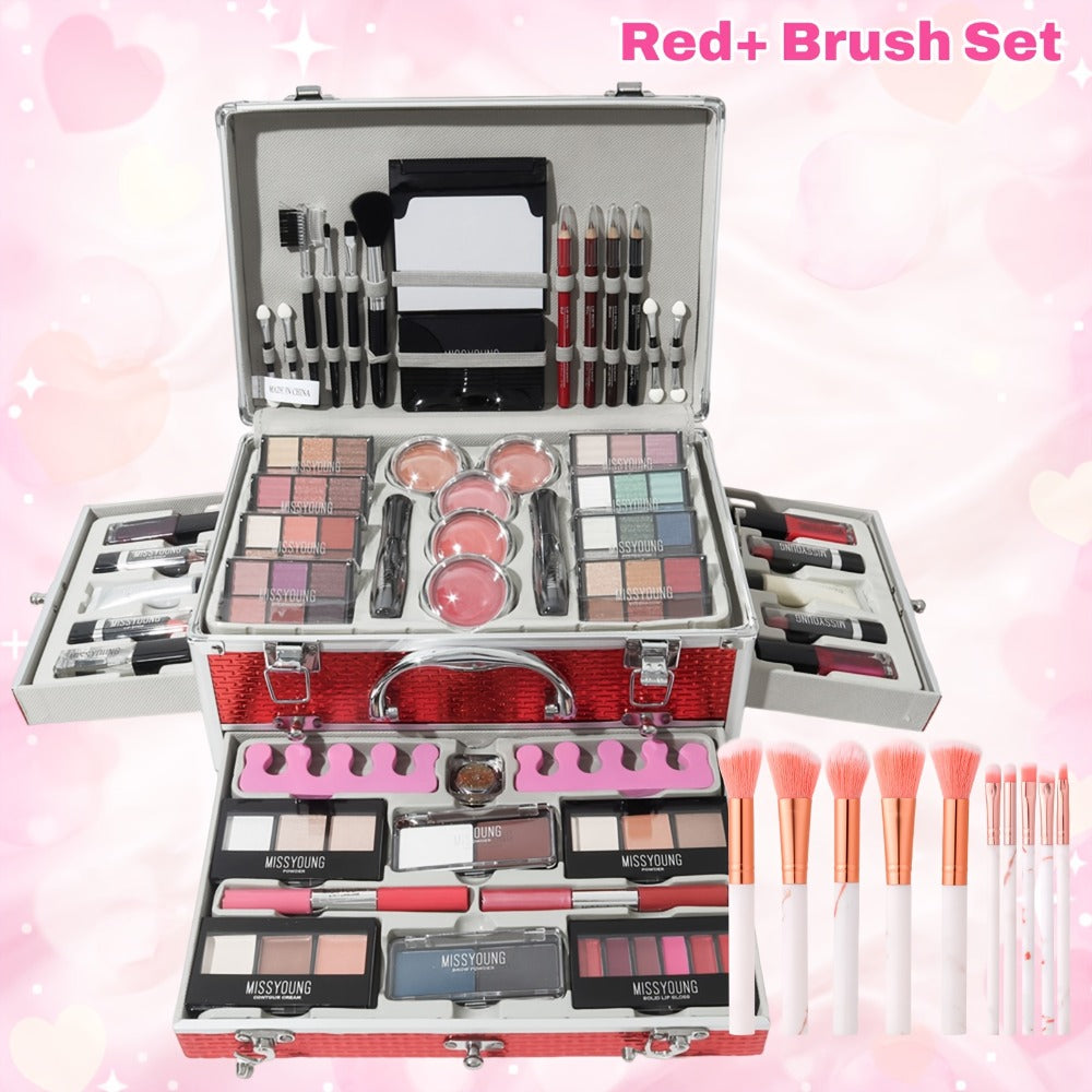 106-Piece Makeup Case Set with Red or Silver Carry Case, Fold-Out Color Palettes, Lip Products and Ten Makeup Brushes — image