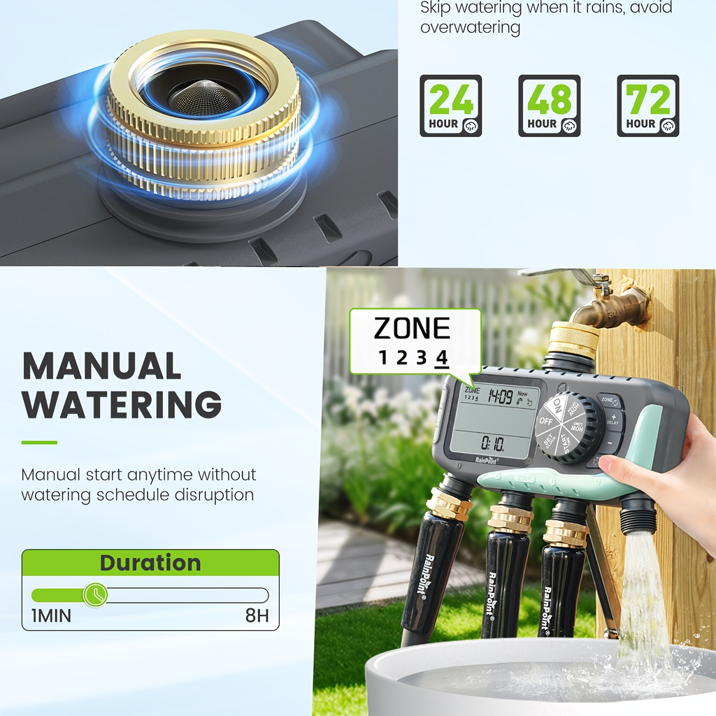 Garden Irrigation System 4-Zone, Automatic Watering Controller with Brass Head, Manual & Rain Delay Modes — image 7