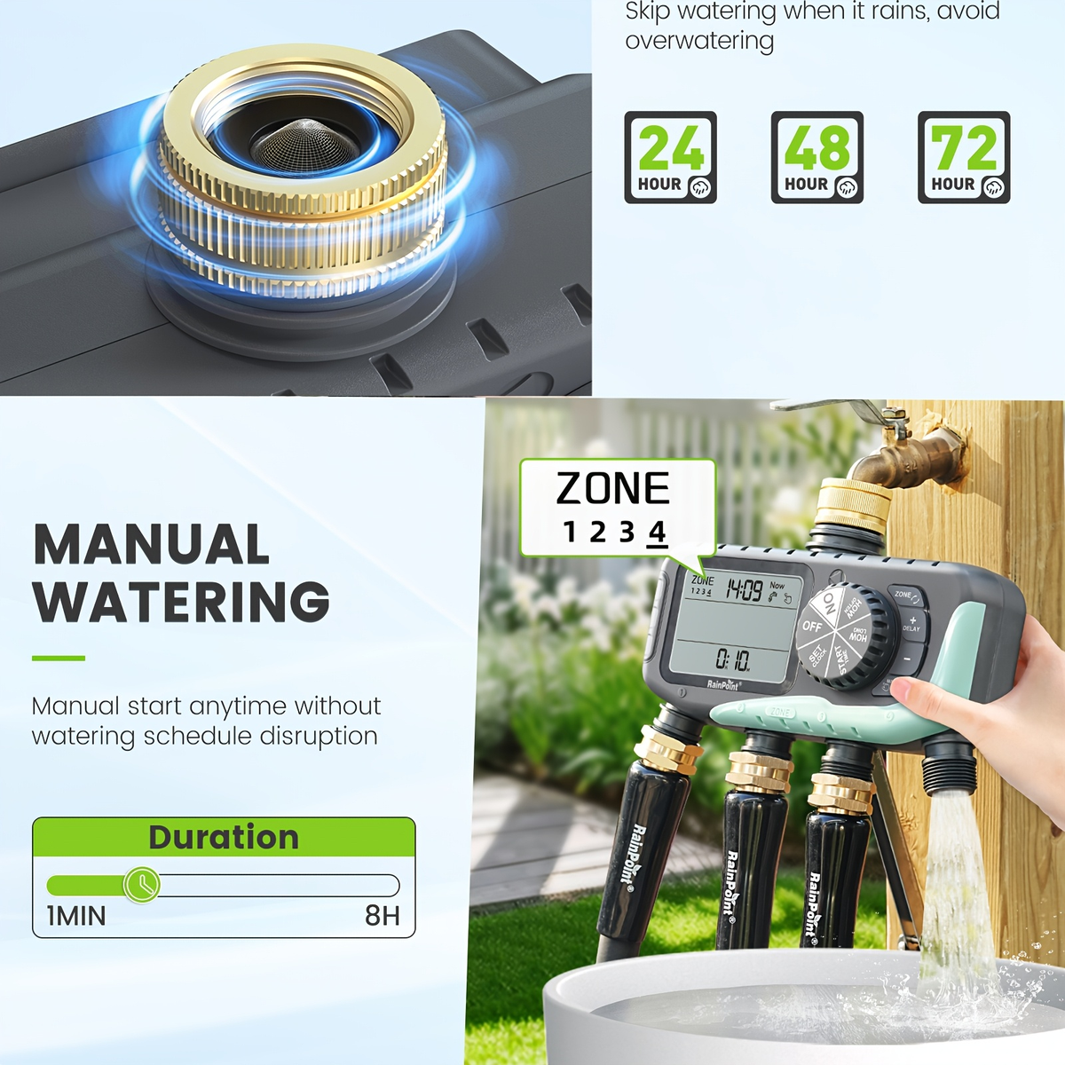 Garden Irrigation System 4-Zone, Automatic Watering Controller with Brass Head, Manual & Rain Delay Modes — image 7
