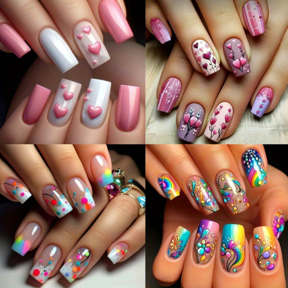 Press On Nails 96-Piece Almond Heart Glitter Four-Pack Set with Jelly Adhesive Tabs and Nail File — image 2