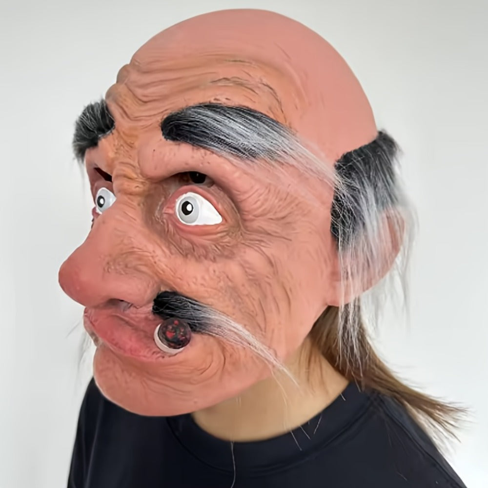 Bald Old-Man Full-Head Costume Mask with Gray Brows, Mustache, Side Hair and Faux Cigar for Adult Halloween Parties — image 3