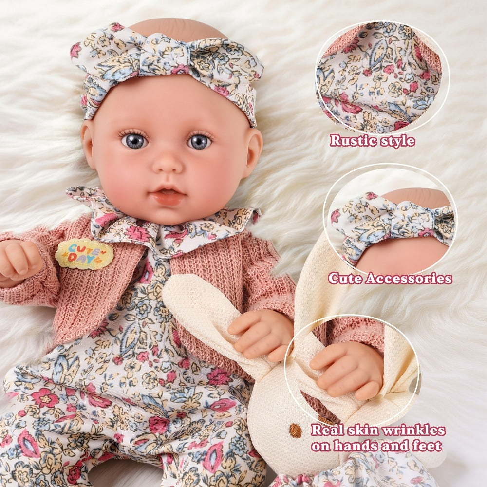 Floral Dress Baby Doll 12 Inch with Rabbit Plush Toy Gift Set, Realistic Vinyl Doll with Floral Outfit — image 12