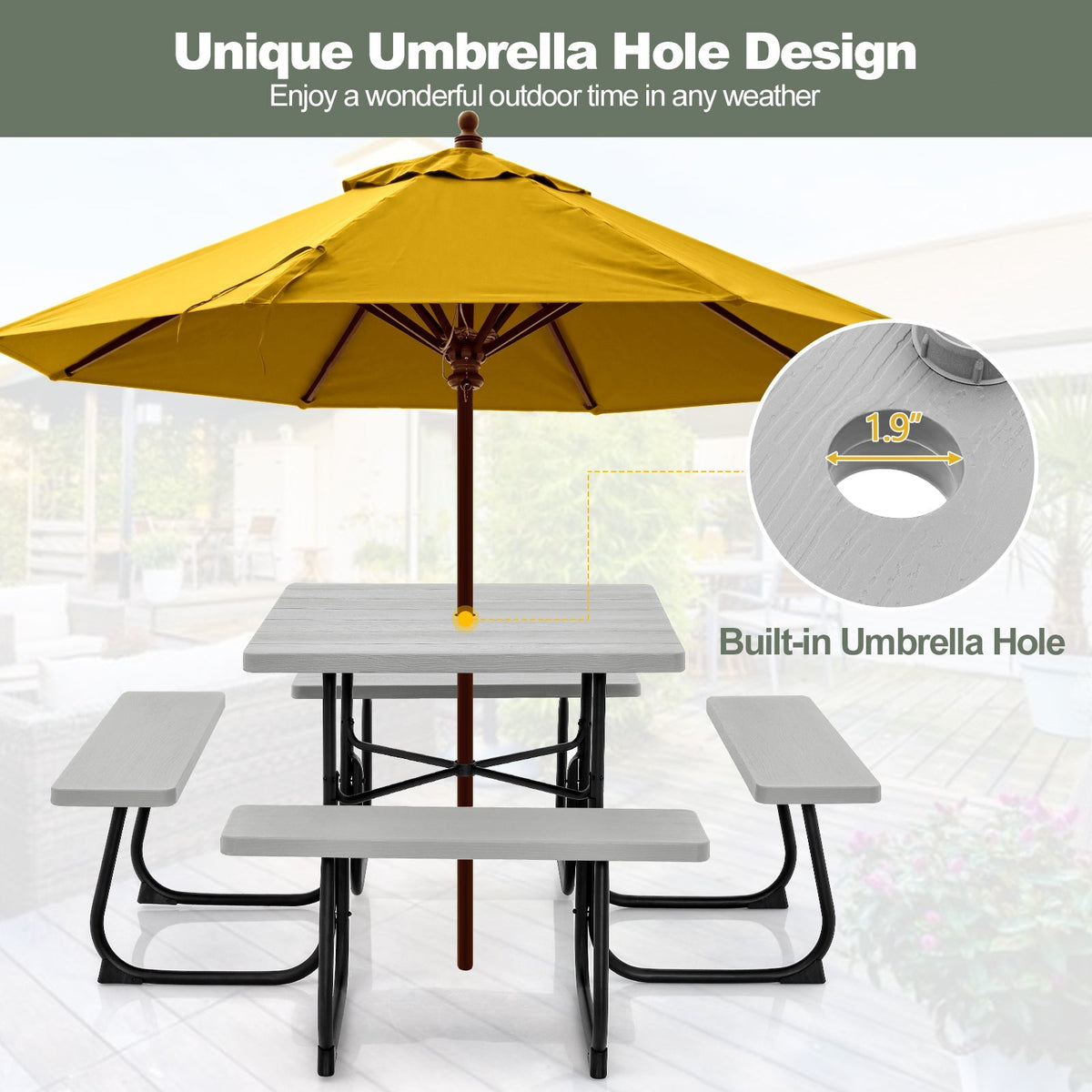 Outdoor Picnic Table 8-Person, Square HDPE Table with 4 Built-in Benches, Umbrella Hole, Metal Frame — image 8