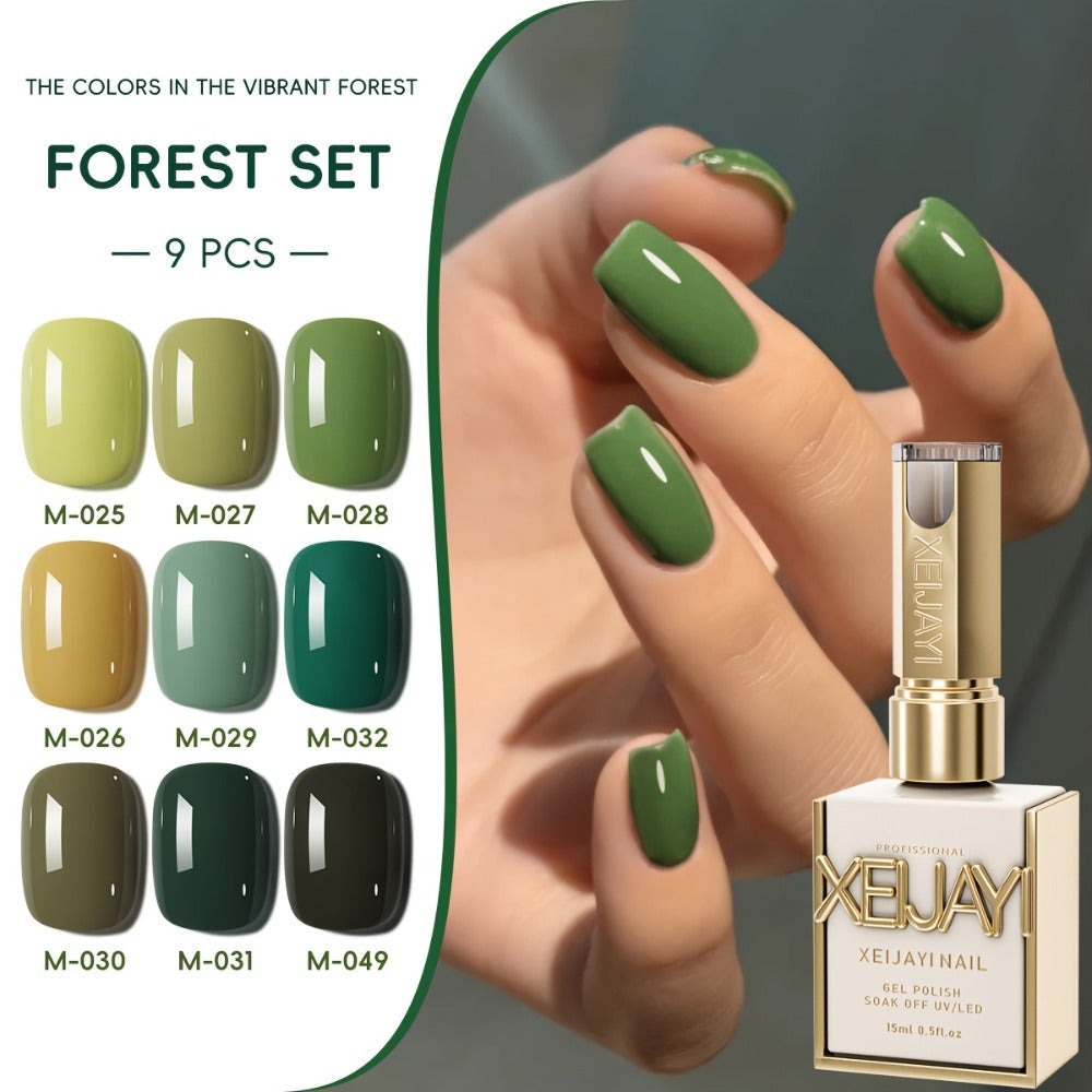 Gel Nail Polish Set with XEIJAYI Label, 9 Green Forest Colors in 0.51oz Photo Frame Bottles — image 3