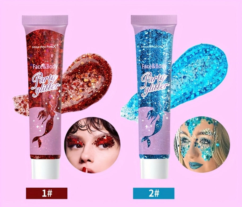 Face Body Glitter Gel Set 30 Pieces – Colorful Shapes Mermaid Sequin Stars Hearts, Transparent Gel Base, Skin-Safe Shimmer Ma