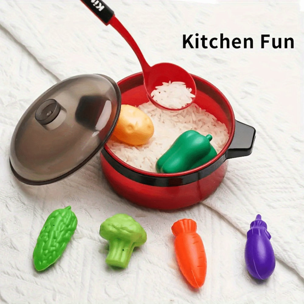 Pretend Play Kitchen Set for Kids, 51PCS Toy Cooking Utensils, Tableware & Play Food for Home Cooking, Dining and Outdoor Mea