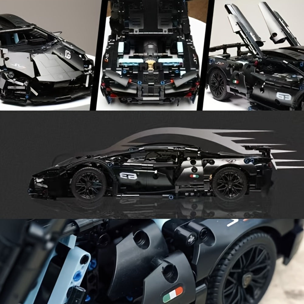 Black Supercar Building Blocks Set 1288 Pcs Limited Edition – Openable Hood Trunk Functional LED Headlights Realistic Engine 