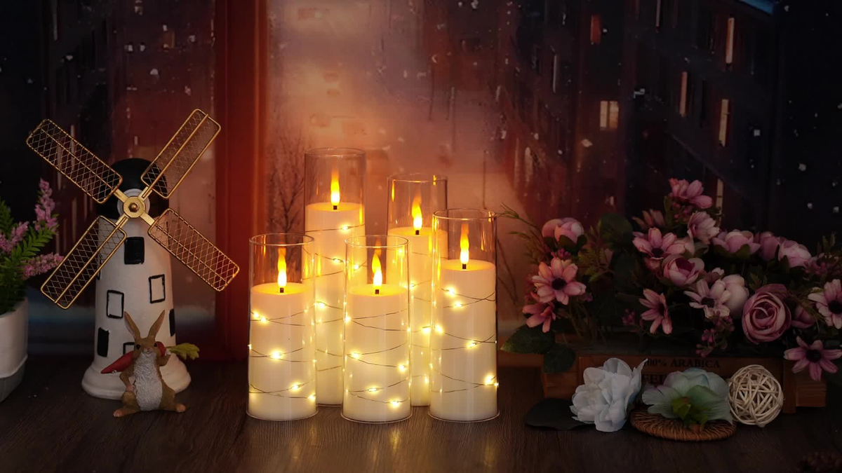 Flameless LED Candles with Remote Control Timer and Star String Lights Set of 5 or 7 Pillar Candles for Wedding Garden Home D