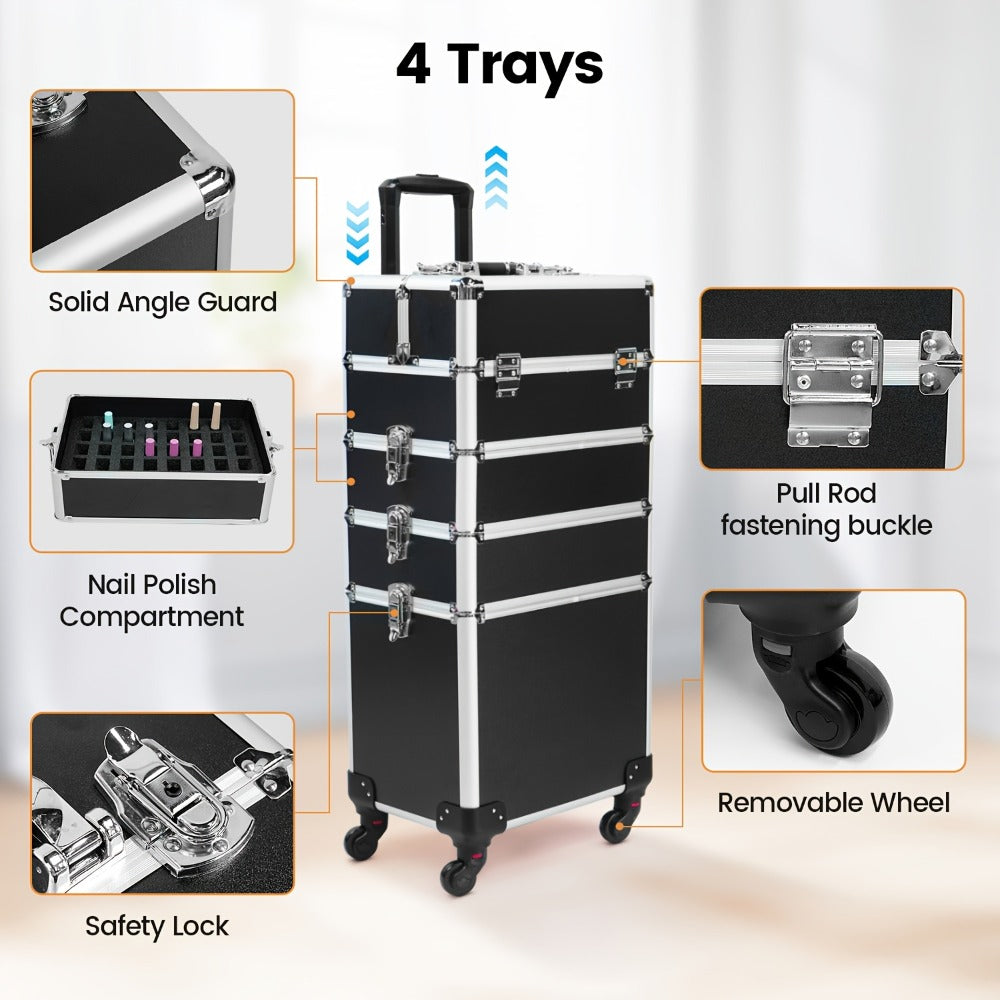 Rolling Makeup Train Case 4-in-1 Black Cosmetic Trolley with 360° Swivel Wheels & Makeup Sponges Set – Large Professional Sal
