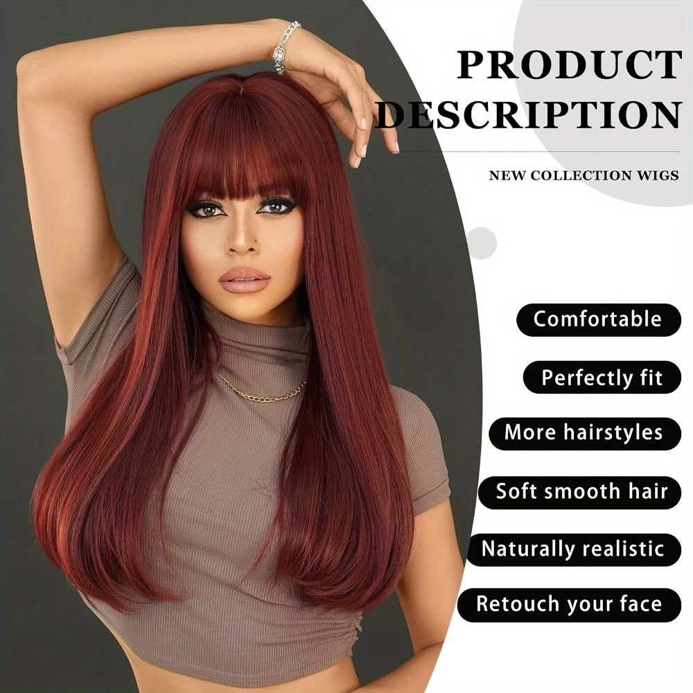 Long Straight Wig with Bangs Burgundy Wine Red 28 Inch Synthetic Heat Resistant Lightweight for Women Daily Wear Holiday Part