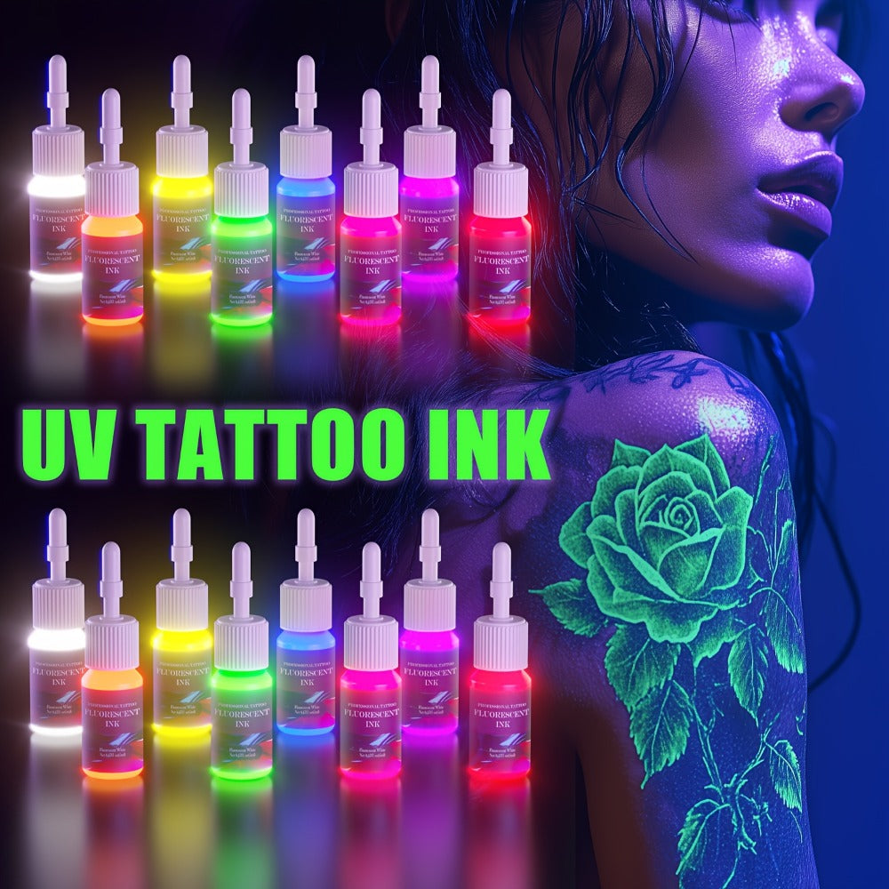 Tattoo Ink DMTATTOO UV Blacklight Set with Eight 5ml Bottles in White, Red, Orange, Green, Yellow, Purple, Blue and Pink — im