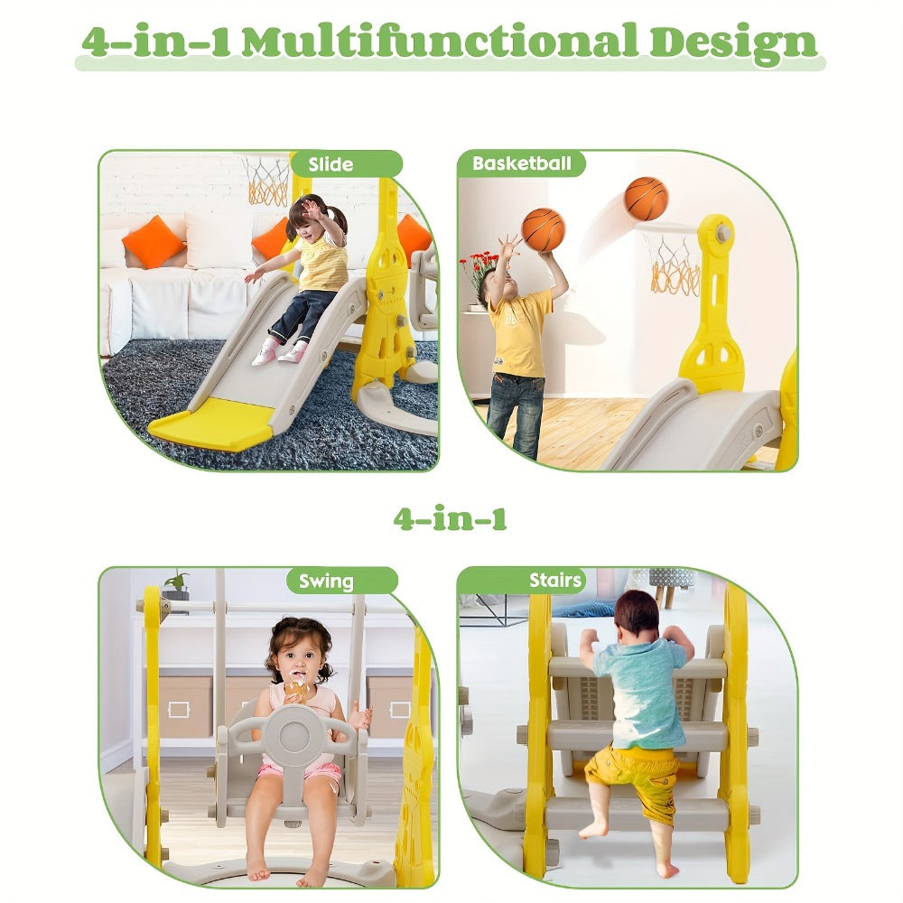 4-in-1 Toddler Slide and Swing Set with Climber Basketball Hoop Outdoor Indoor Backyard Playground Playset for Kids Ages 1-6 