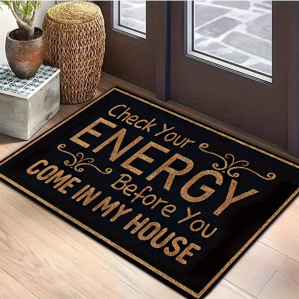 Black-and-Gold Check Your Energy Lettered Doormat in 16 x 24, 20 x 30 or 17 x 47-Inch Sizes — image 1
