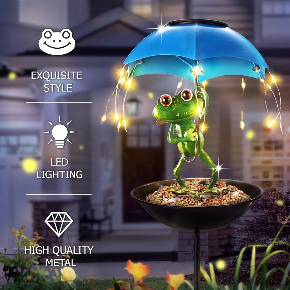 Solar Frog Statue Garden Light with Bird Feeder & LED String Decor, for Garden, Pathway and Patio Lighting — image 5