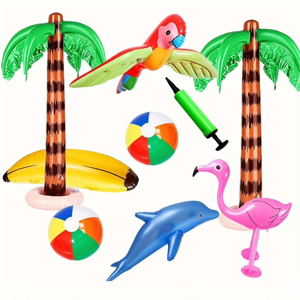 Hawaiian Party Decorations Inflatable Set 9 Pieces - Coconut Trees Beach Balls Flamingo Parrot Dolphin Banana with Pump — ima