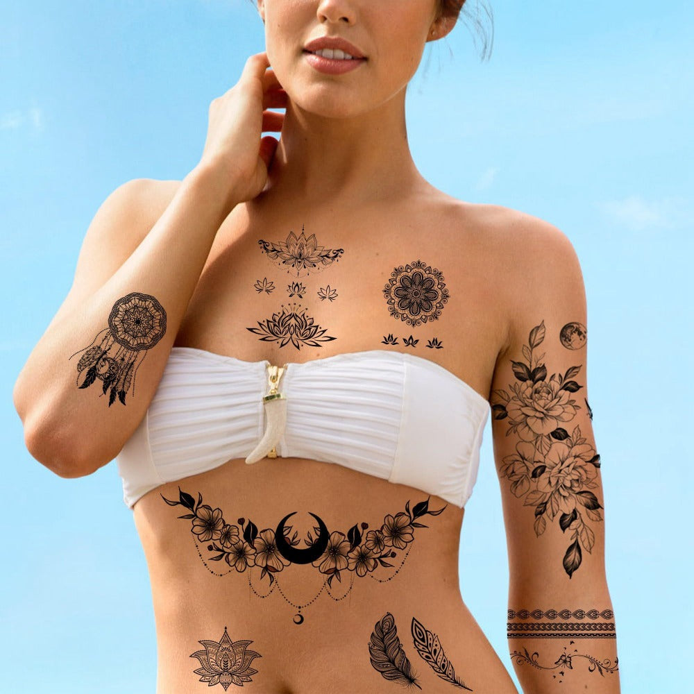 Temporary Tattoos, 10-Sheet Large Black Body Art Set with 60-Plus Floral, Ornamental and Symbol Motifs — image 6