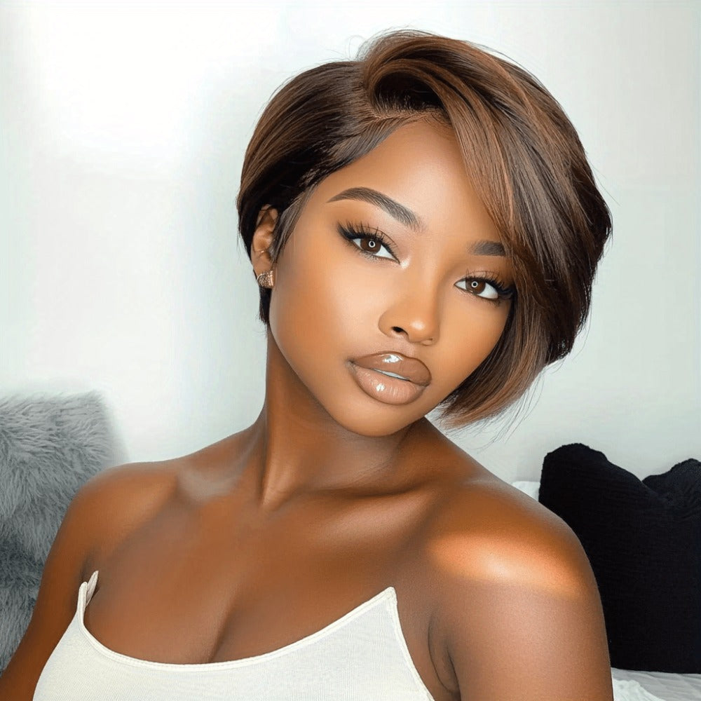 Lace Front Wig Human Hair Body Wave Bob with 4x1 Lace, 6in Length and Three Brown Highlight Colors — image 4