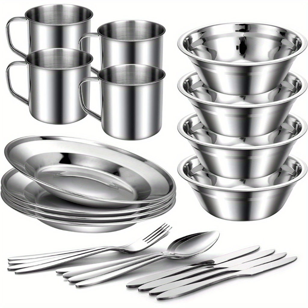 Stainless Steel Camping Mess Kit 29 Piece Dinnerware Set – Plates Bowls Mugs Cutlery, for Camping, Travel and Outdoor Use — i