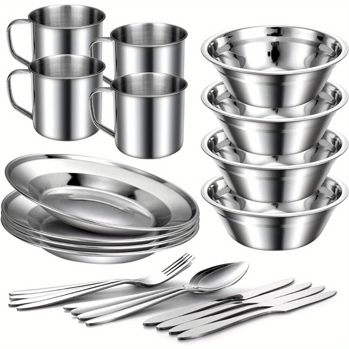 Stainless Steel Camping Mess Kit 29 Piece Dinnerware Set – Plates Bowls Mugs Cutlery, for Camping, Travel and Outdoor Use — i