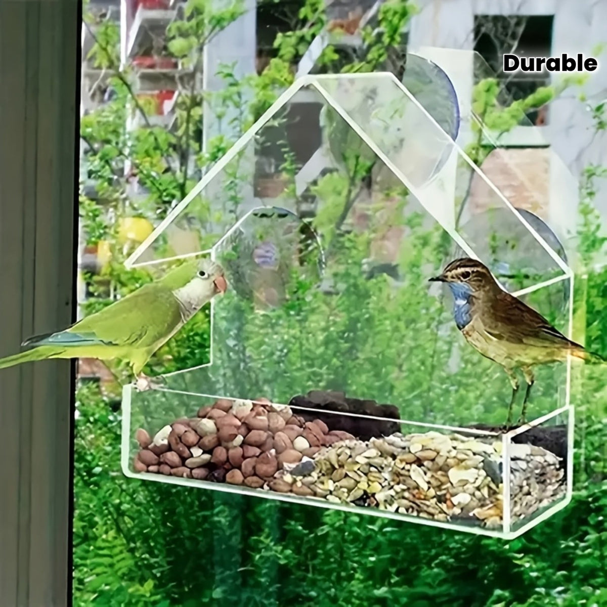 Clear Window-Mount Bird Feeder with Suction Cups, Roofed Seed Tray and Transparent Single Checkout — image 2