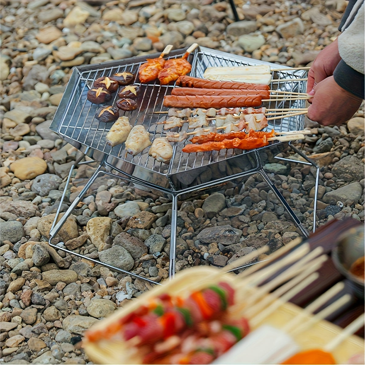 Hexagonal Folding Charcoal Grill with Stainless-Steel-Color Frame, Open Grid and Carry Bag for Outdoor Use — image 4