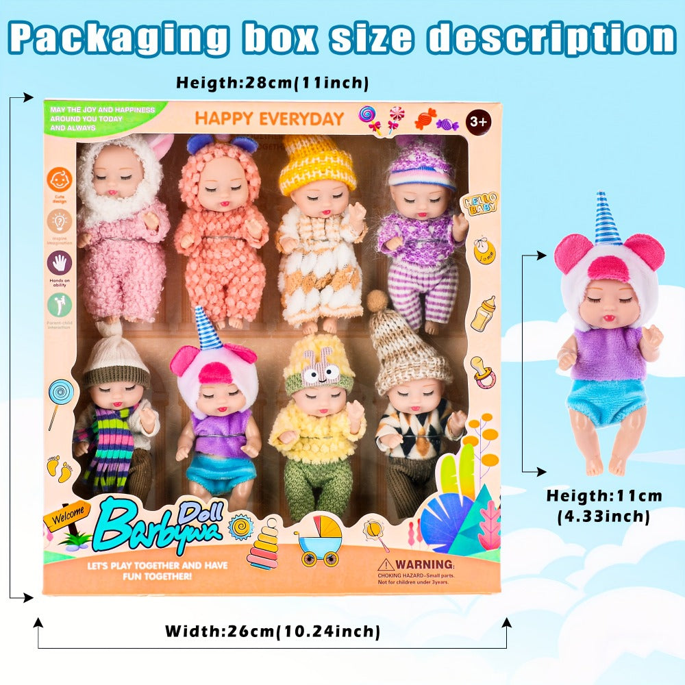 Eight Mini Baby Dolls with 4-Inch Checkout Size, Assorted Knit Animal Outfits and 10.24-Inch Display Box — image 5