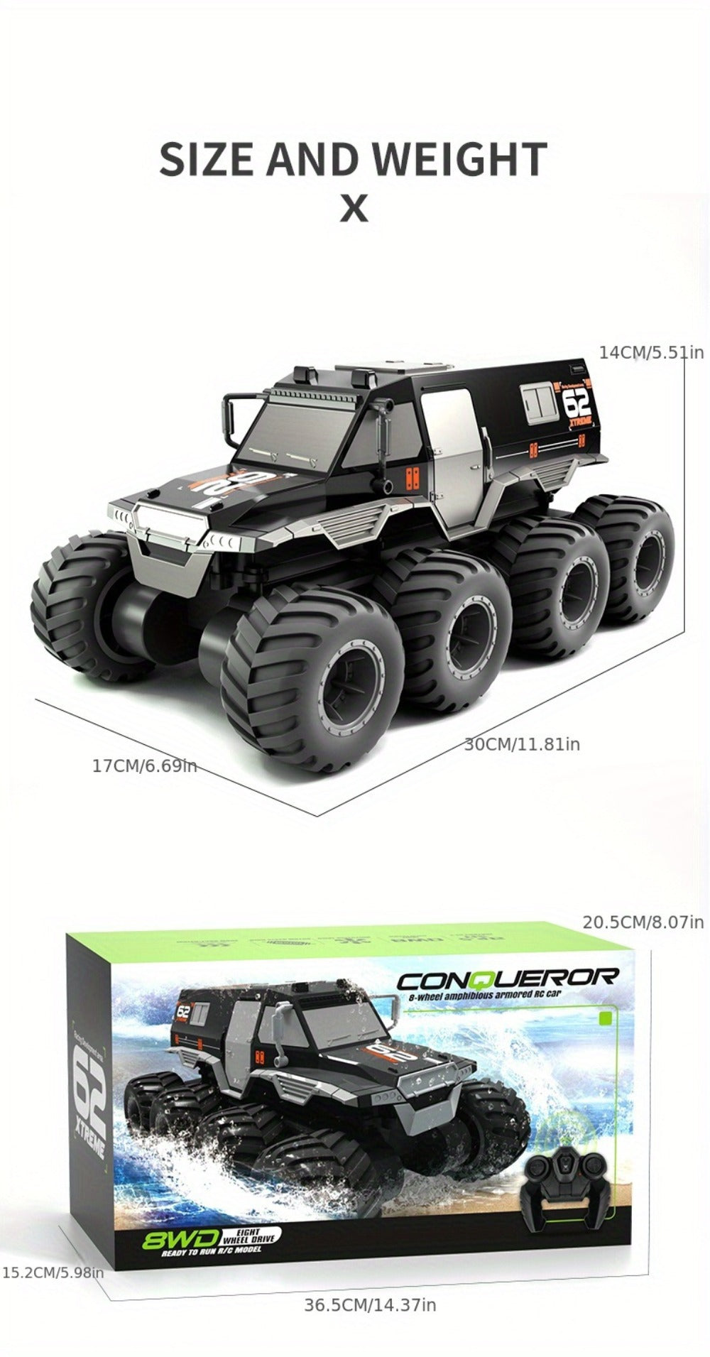 Amphibious RC Truck 8-Wheel Drive 4-Motor Off-Road Climbing Remote Control Armored Vehicle, Oversized Land & Water Military T