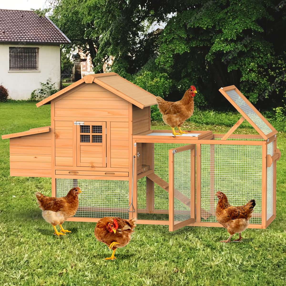Portable Wooden Chicken Coop with Wheels, Nest Box and Wood Roof or Sunshine Board Run Option — image 8