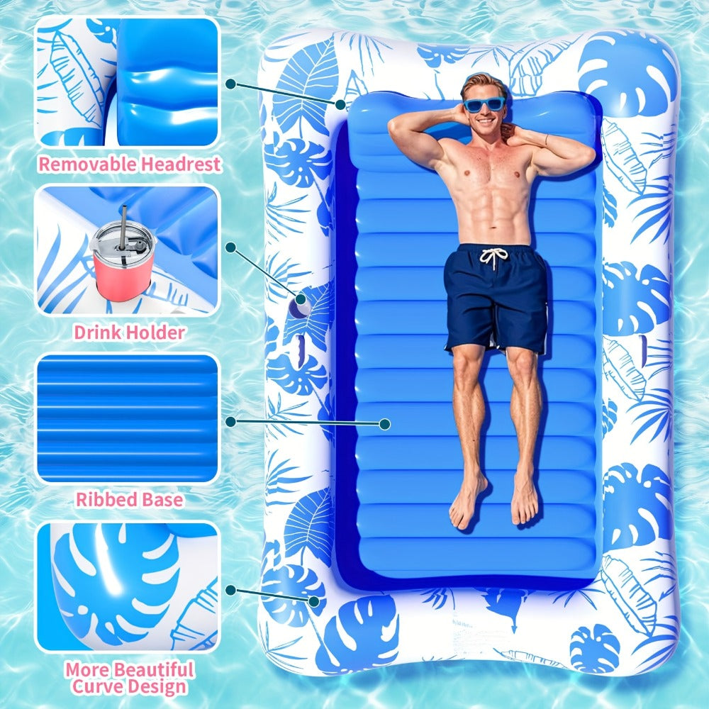 Blue-and-White Inflatable Pool Mattress with Removable Headrest, Cup Holder and 83.5 x 52.4-Inch Base — image 4