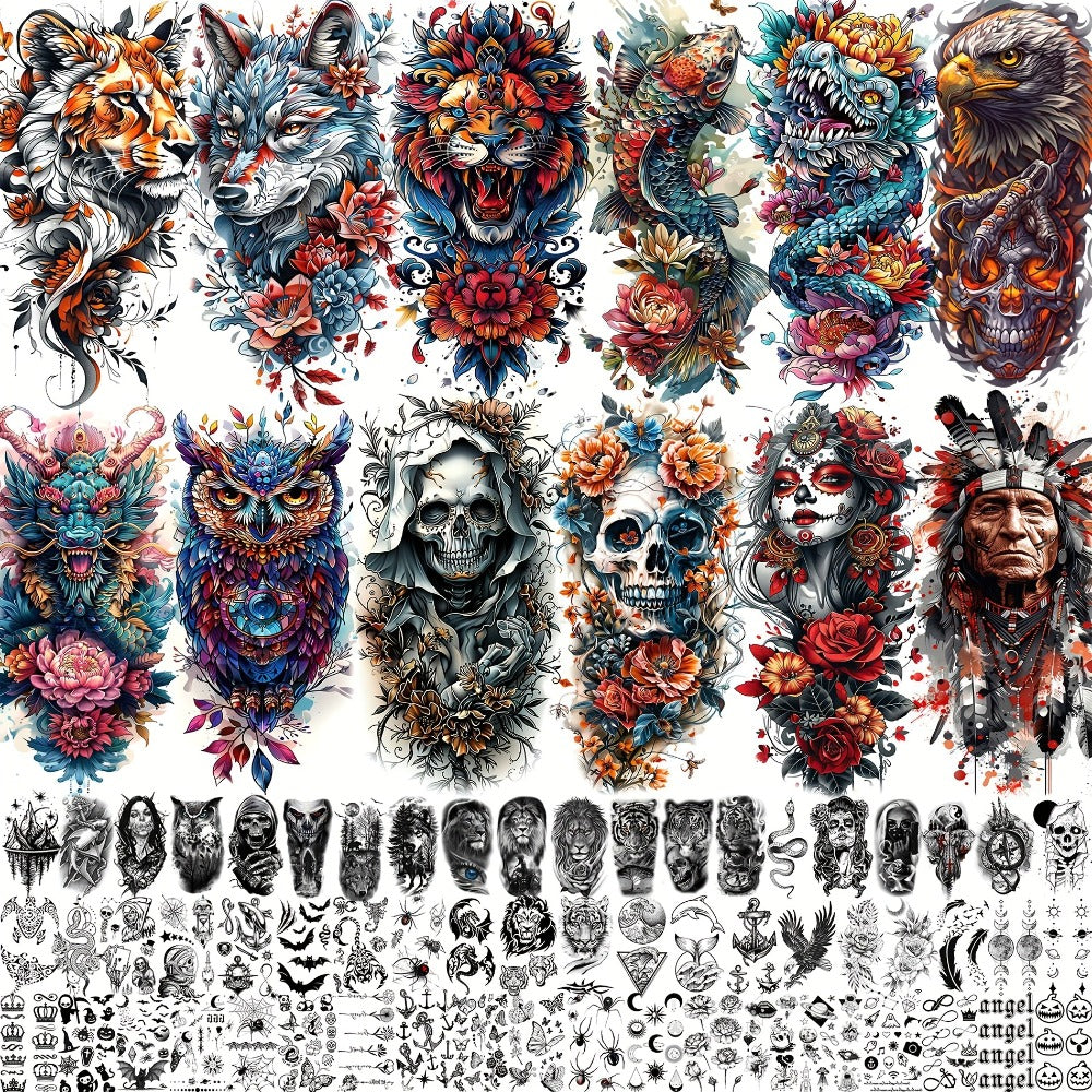 Temporary Tattoos, 71-Sheet Old School and Gothic Set with Tiger, Wolf, Lion, Dragon, Skull and Floral Motifs — image 1