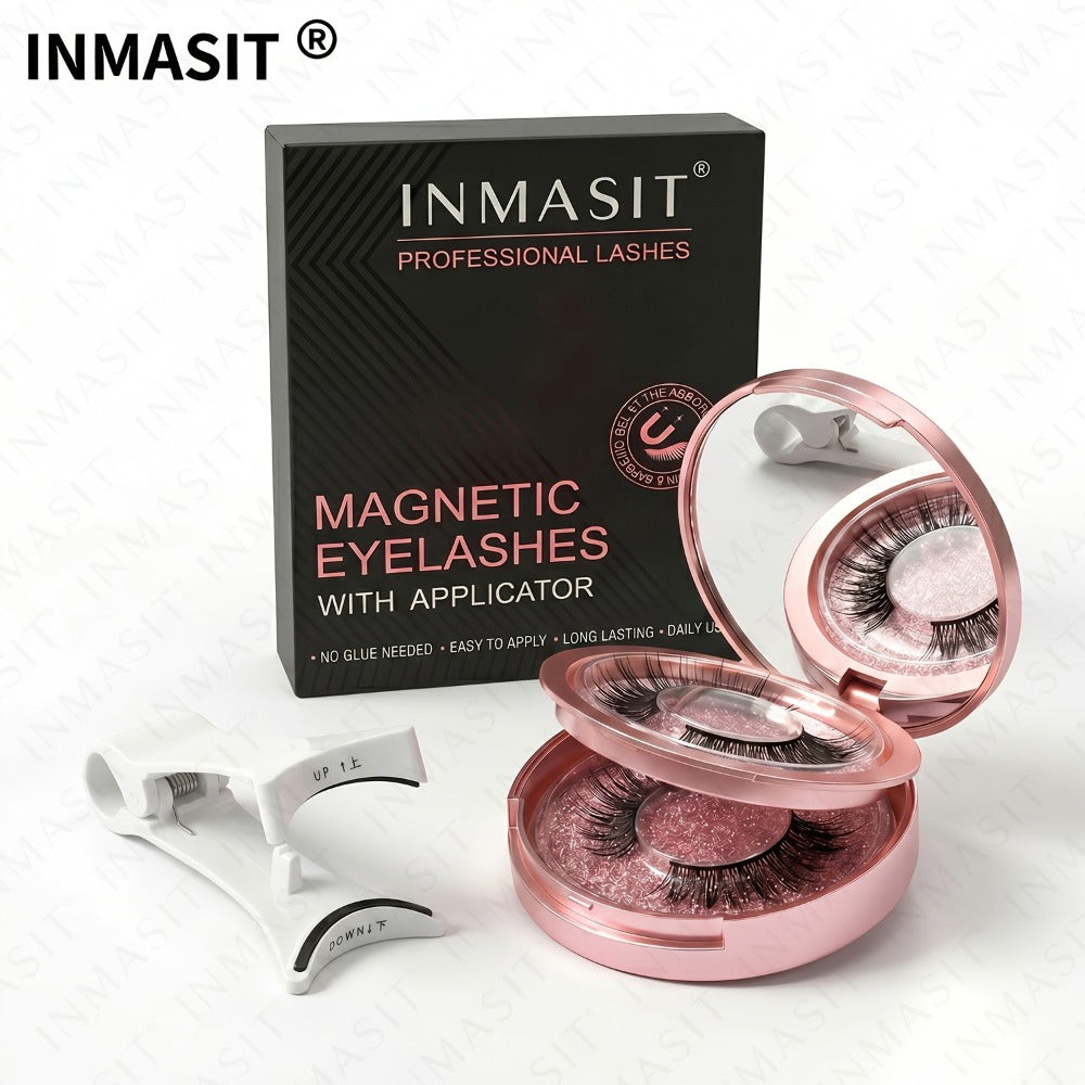 INMASIT Magnetic False Eyelashes Set with Round Storage Case and Applicator in Black or Pink — image 5