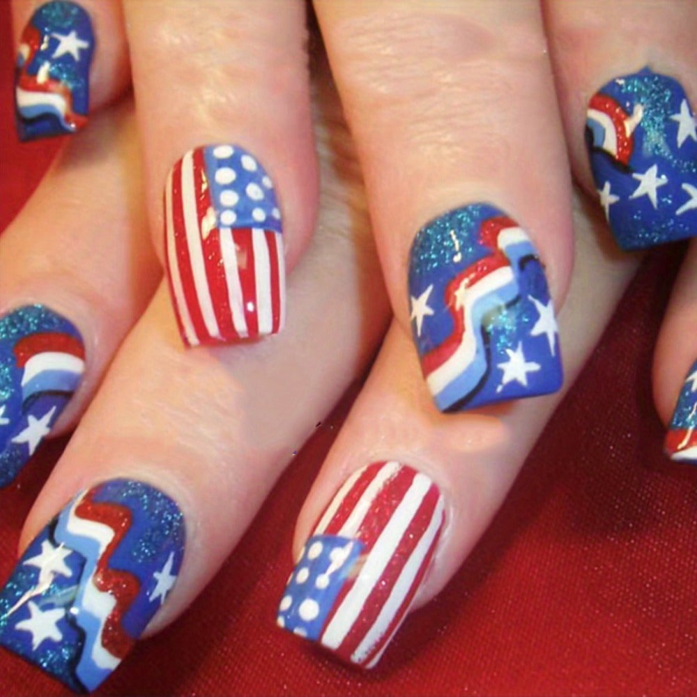 Press On Nails 216-Piece Medium Coffin Nine-Pack Red White Blue Stars and Stripes Patriotic Set — image 6