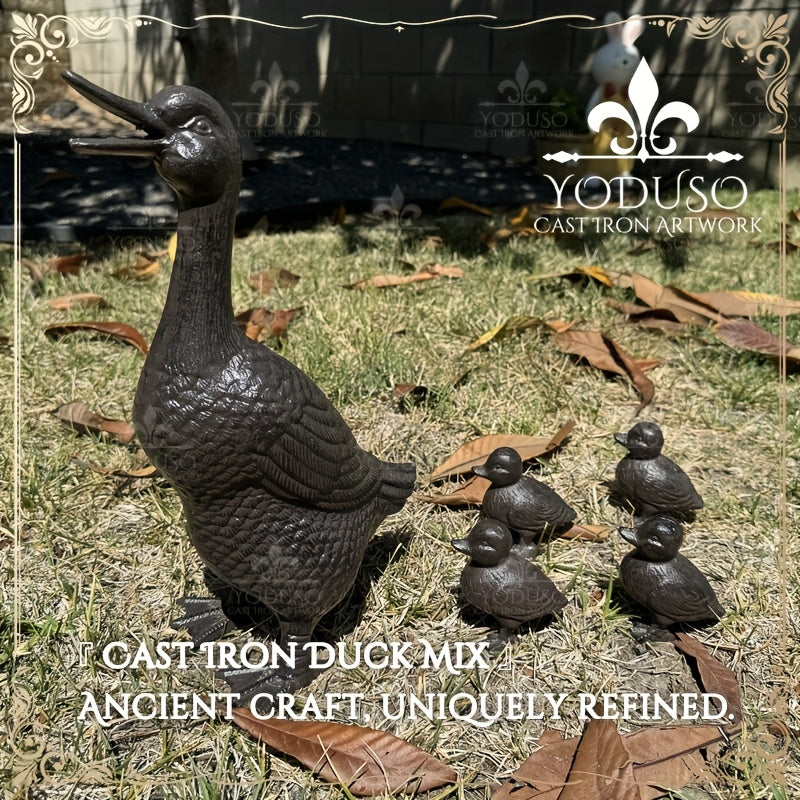Garden Duck Statue Cast Iron Outdoor Lawn Ornament Rustic Farmhouse Metal Sculpture Mother Duck Ducklings Yard Decor Multiple