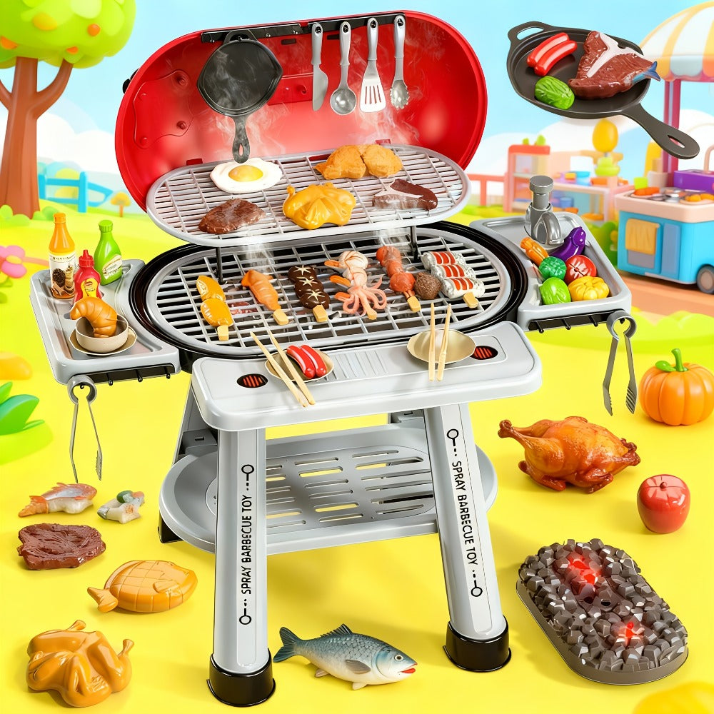 Kids BBQ Grill Playset Two-Tier for Grilling, Camping and Outdoor Meals with Toy Food Meats Fruits Spices & Working Water Tap