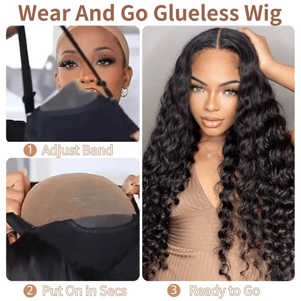 Lace Front Wig Deep-Wave Human Hair, 14-Inch Natural Black with 250% Density and Pre-Cut Buckle Cap — image 5