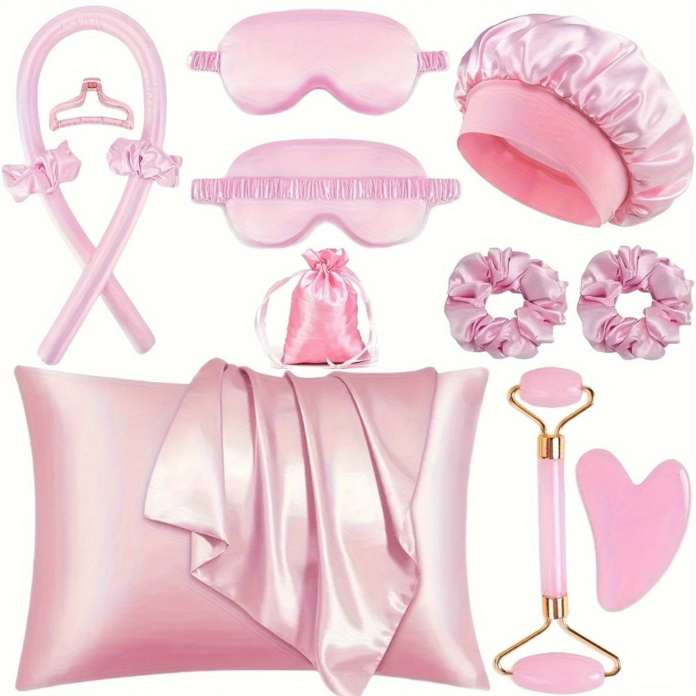 Heatless Curling Set 12pcs Overnight Sleep Hair Curlers Satin Sleep Cap Eye Mask Facial Roller Hairband Storage Bag No Heat D