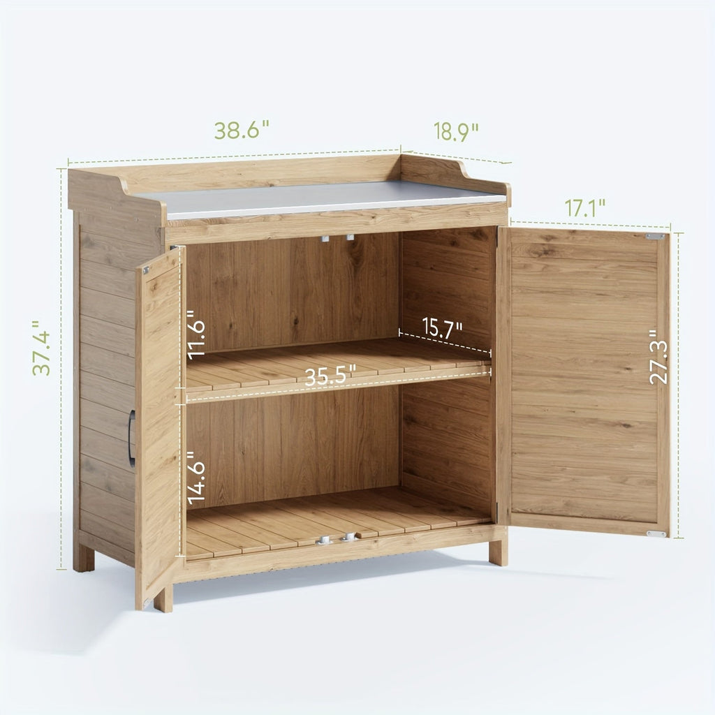 Potting Bench with Storage Cabinet, Outdoor Waterproof Wood Garden Shed Table with Removable Shelves & Doors — image 5