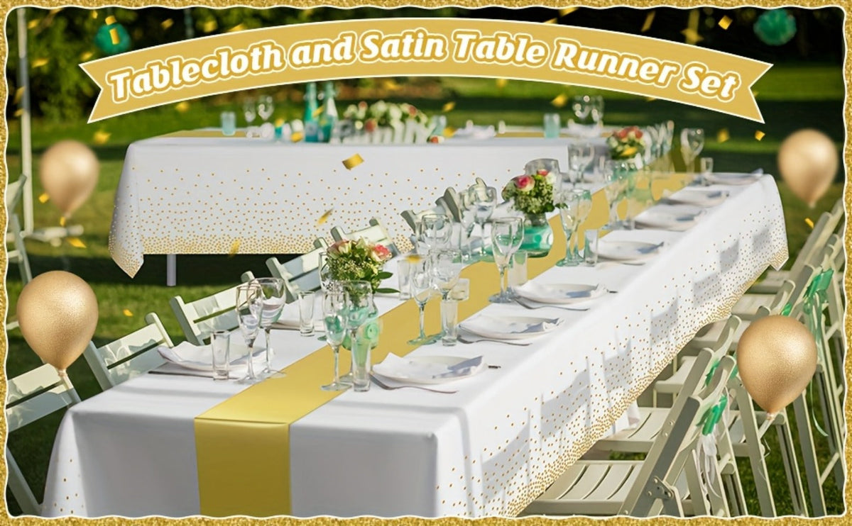 Disposable Tablecloth & Table Runner Set 10 Pack White Gold – Plastic Party Table Covers for Wedding Birthday Graduation Anni