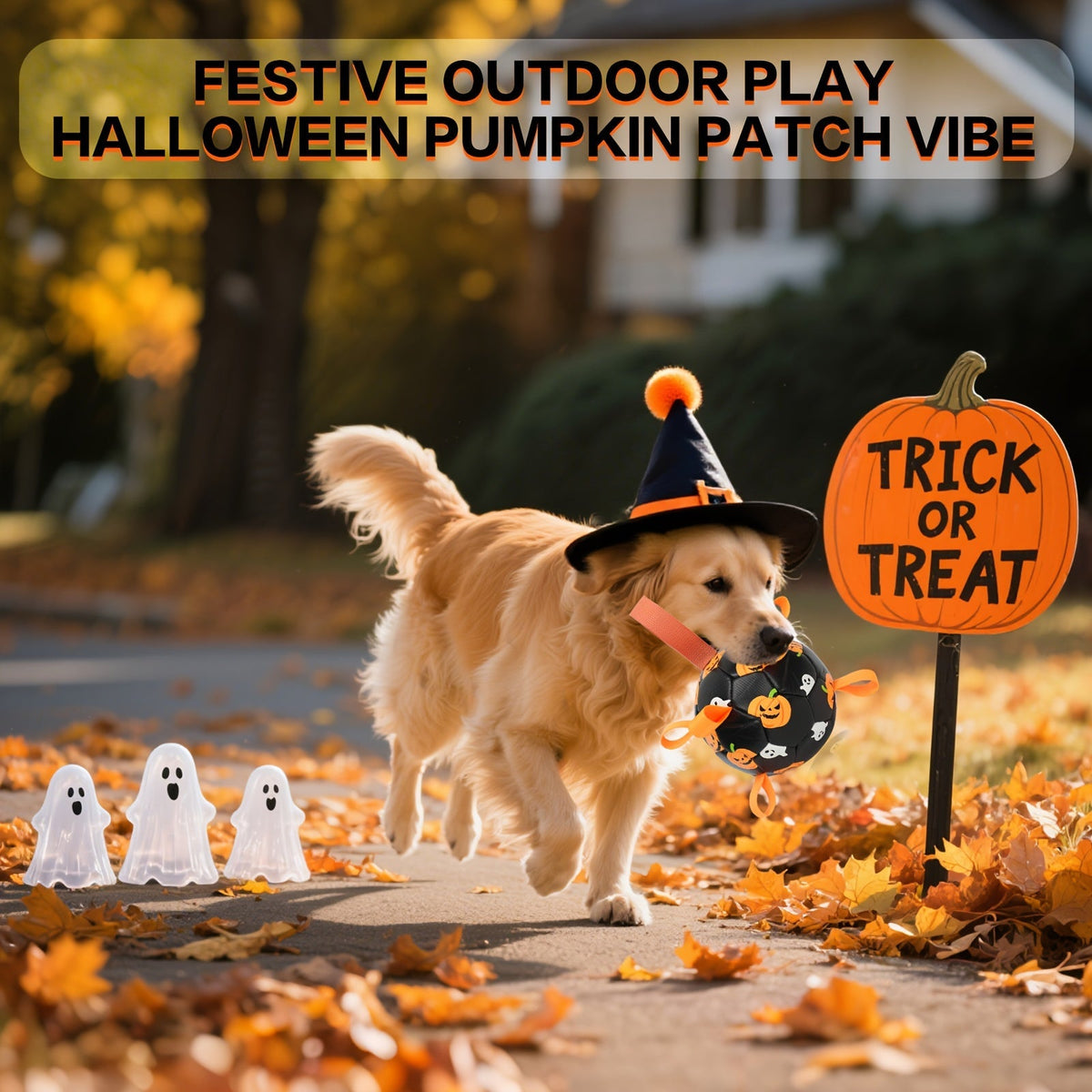 Dog Toy Halloween Pumpkin-Ghost Football with Pump, Strap and 6 or 7.28-Inch Size Options for Dogs — image 3