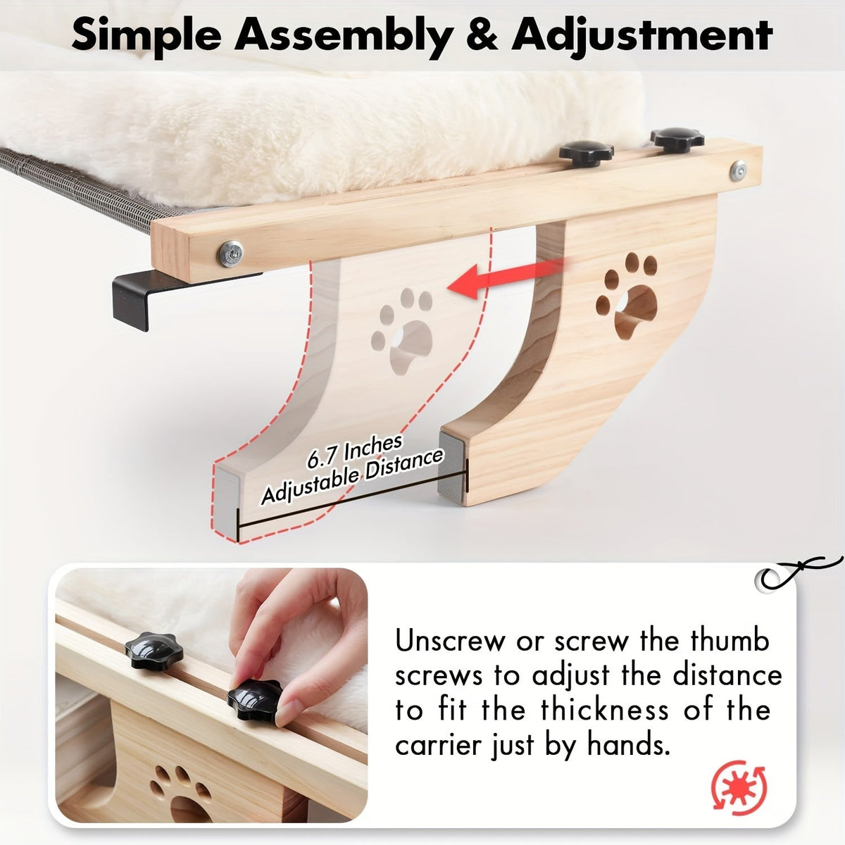 Padded Cat Windowsill Perch with 55x38cm Wood Platform, Metal Hooks, Rubber Pads and Adjustable Fit — image 6